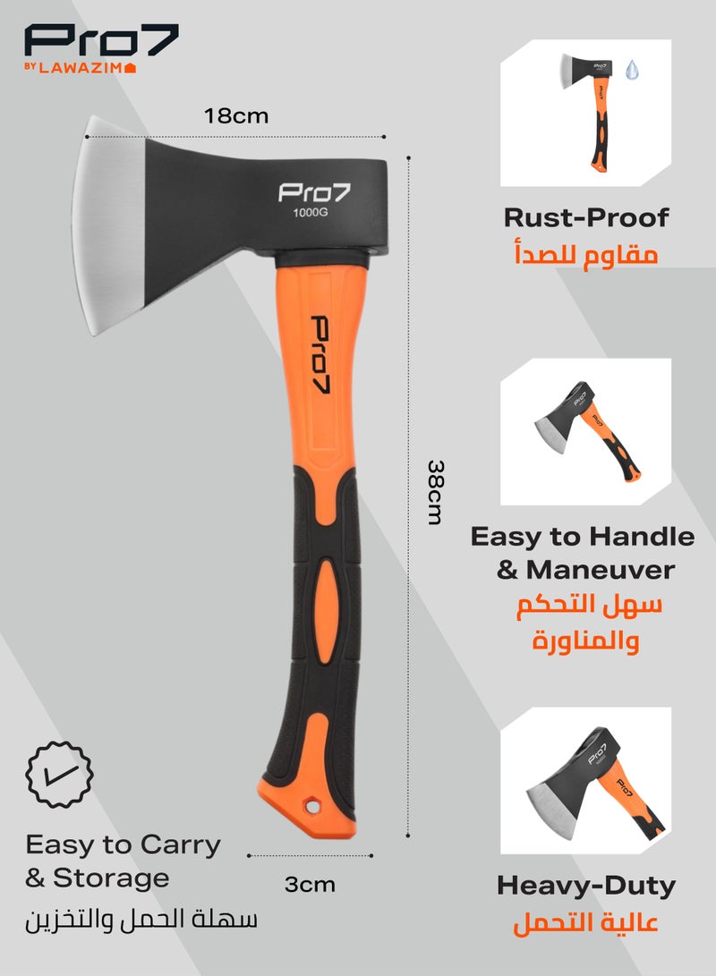 Pro7 Axe with Fiber Handle -1000g- Lightweight Wood Chopping and Camping Axe with Anti-Slip Grip, Shock-Absorbing Fiberglass Handle u0026 Rust-Resistant Head for Gardening, Firewood u0026 Outdoor Use - Image 2