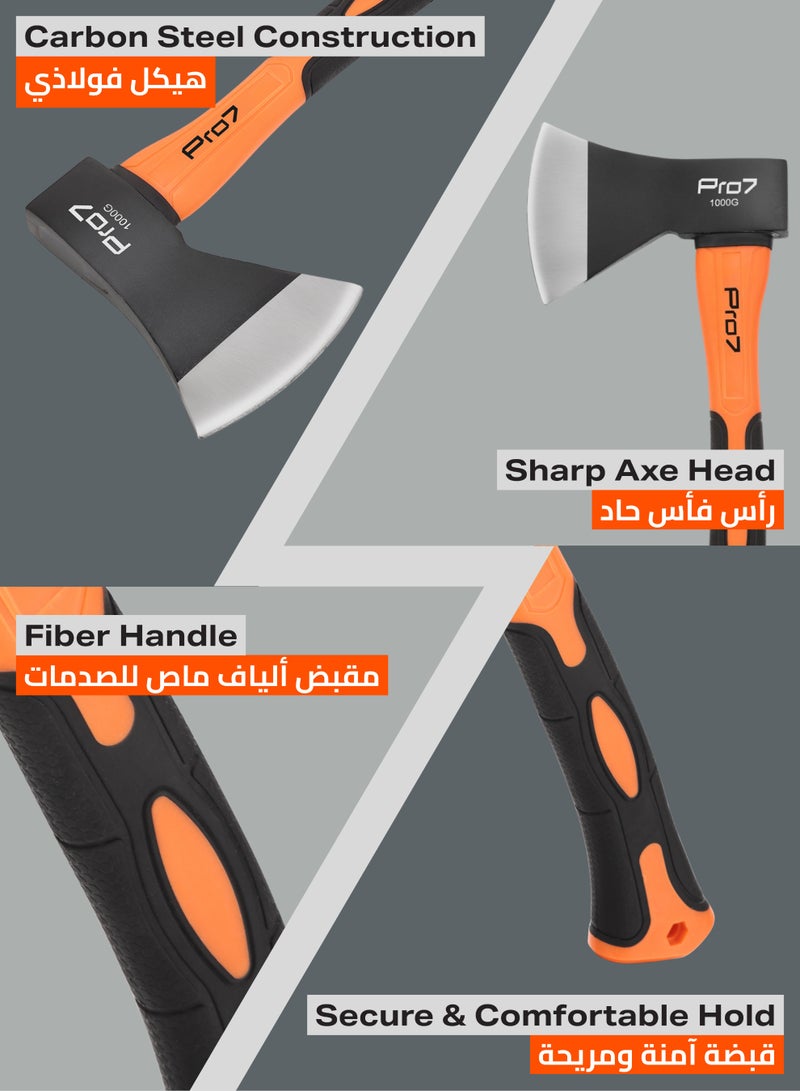 Pro7 Axe with Fiber Handle -1000g- Lightweight Wood Chopping and Camping Axe with Anti-Slip Grip, Shock-Absorbing Fiberglass Handle u0026 Rust-Resistant Head for Gardening, Firewood u0026 Outdoor Use - Image 3