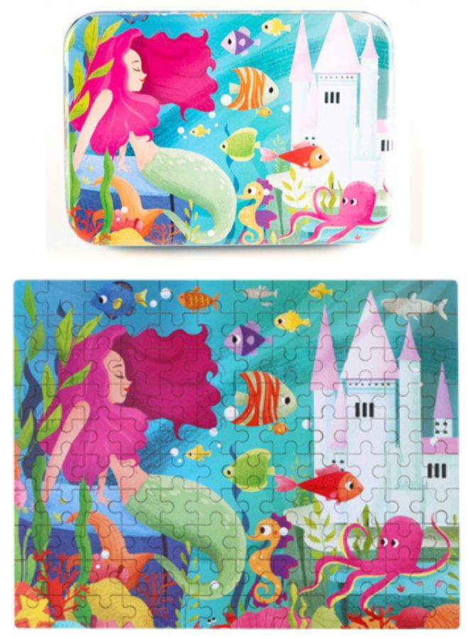 Wooden Jigsaw 120 Pieces Cartoon Animals Fairy Tales Puzzles Children Wood Early Learning Set Montessori Education Toy Kids Gift, Mermaid - Image 1