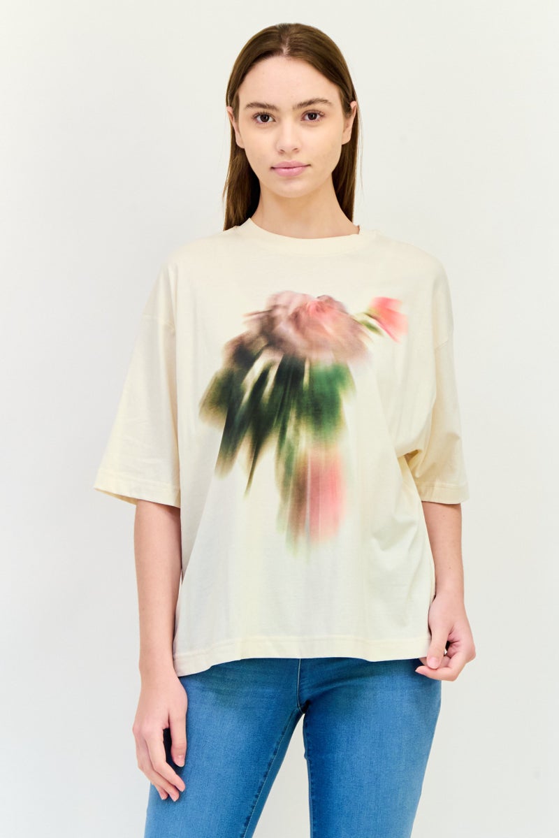 ESPRIT Women Crew Neck Short Sleeves Graphic Print T-Shirt, Cream - Image 1