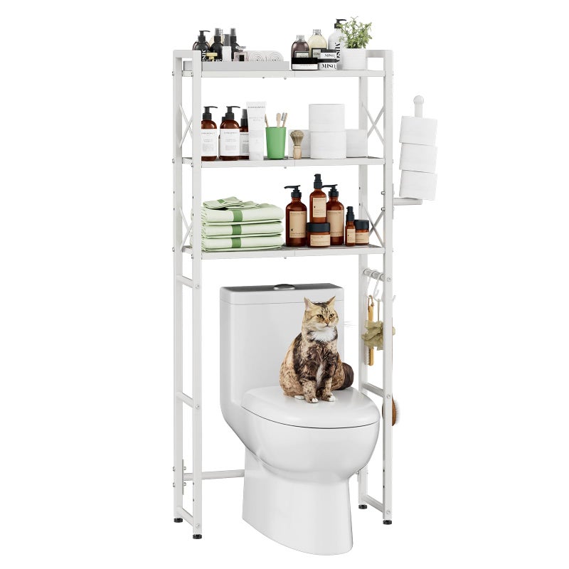 Simple Trending Over The Toilet Storage Rack with Toilet Paper Holder Heavy Duty Metal 3 Tier Bathroom Organizer Shelf with 3 Hooks White
