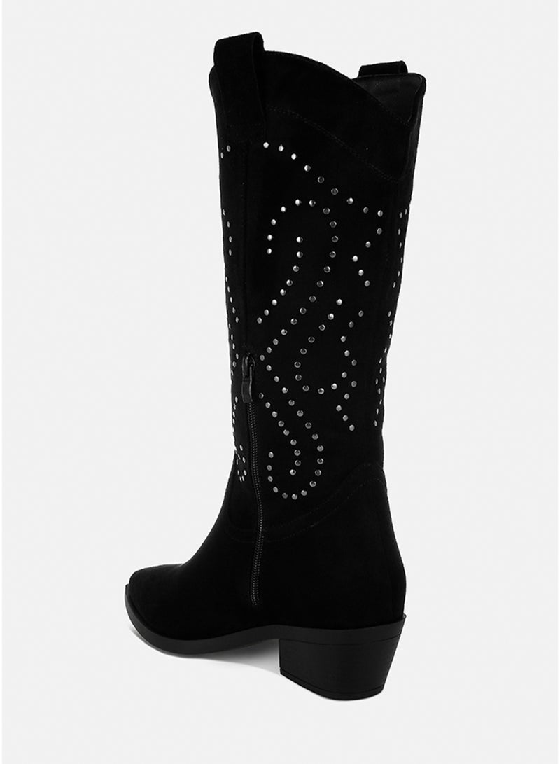 London Rag Studs Embellished Cowboy Boots in Black - Image 2