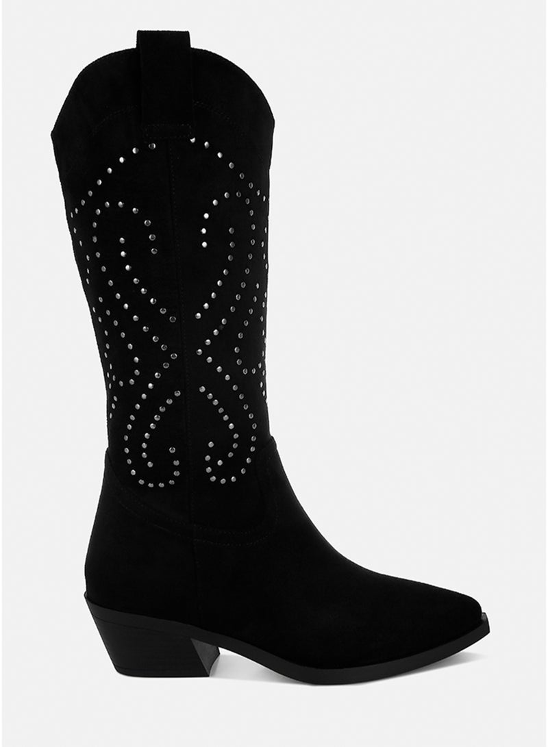 London Rag Studs Embellished Cowboy Boots in Black - Image 1