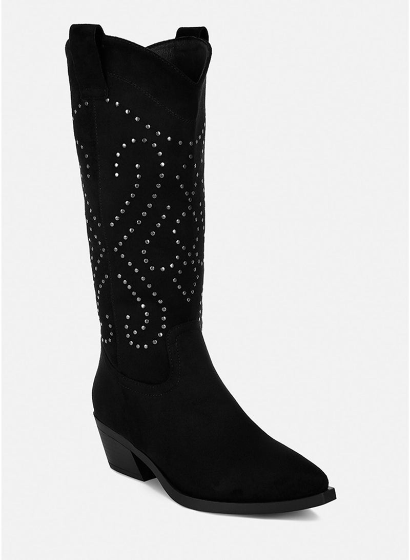 London Rag Studs Embellished Cowboy Boots in Black - Image 3