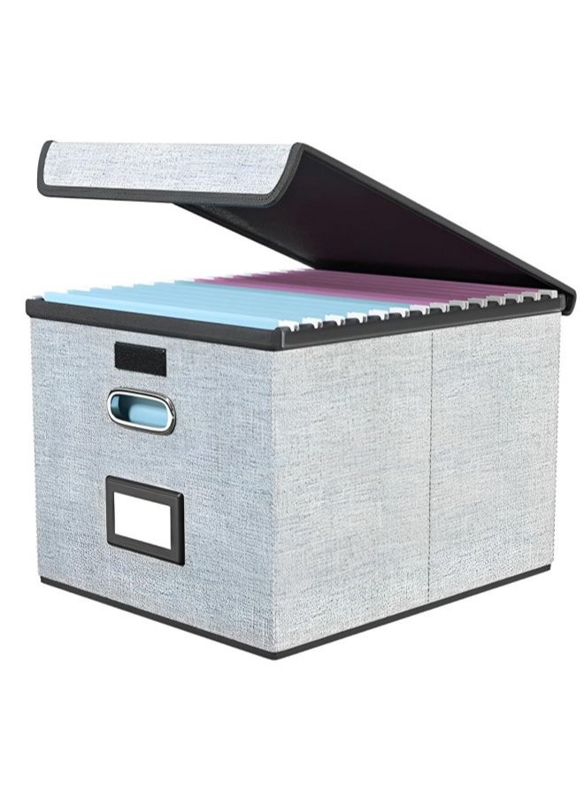 GUDOO - File Organizer Box with Lid, Collapsible Linen Filing Box, Large Capacity File Folder Storage Box, Portable Hanging File Box - Image 1