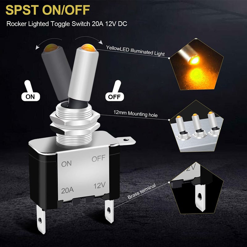 Twidec /3Pcs Rocker Lighted Toggle Switch 12V 20A Heavy Duty Racing Car Automotive Auto SPST ON/Off Toggle Switch Yellow LED Illuminated 3Pin ASW-07DY - Image 3