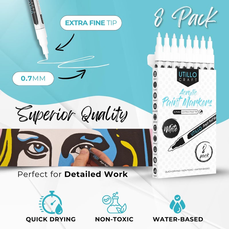 Utillo Craft White Paint Pen (8-Pack) Extra Fine 0.7mm | White Paint Markers for Metal, Fabric, Wood, Glass, Paper, Plastic, Rock, Leather | Bold Color Permanent White Acrylic Paint Pen | Artist DIY - Image 2