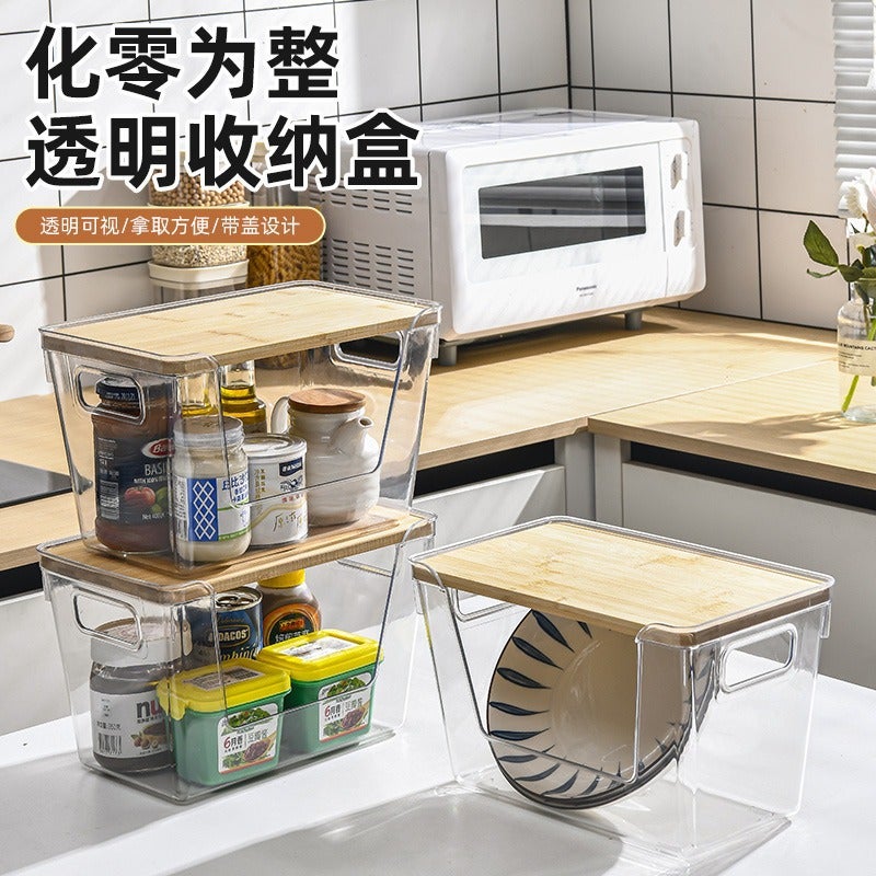 Desktop Storage Box Refrigerator Rectangular Transparent Small Sundries Seasoning Wooden Cover Plastic Kitchen With Lid Large Capacity - Image 3