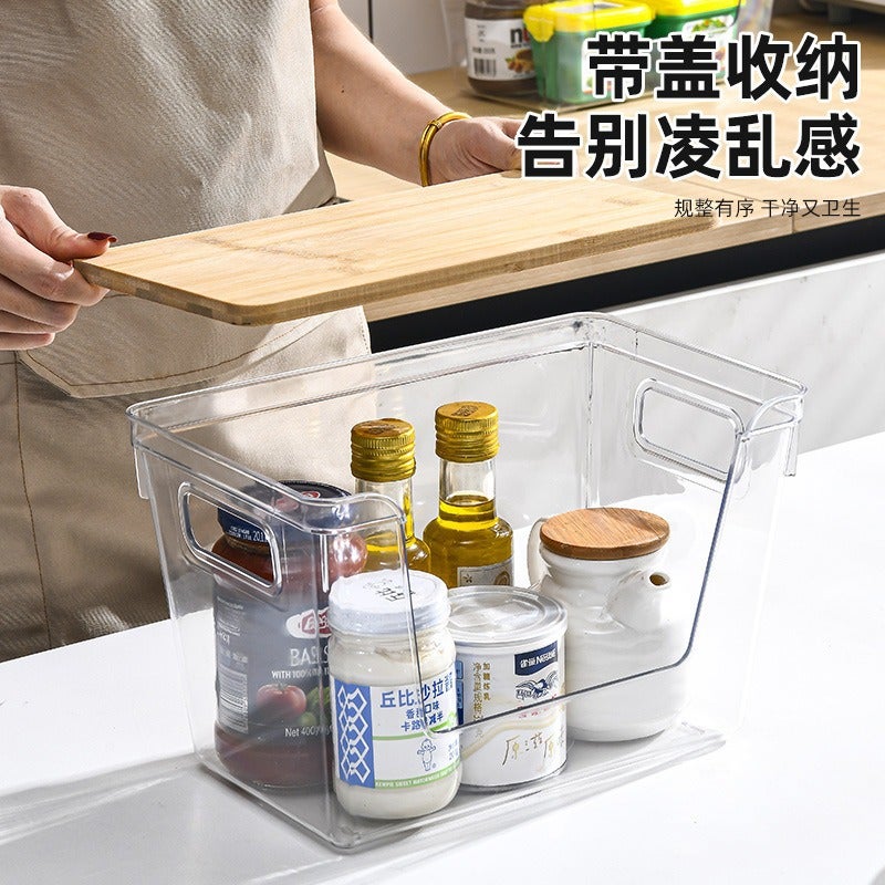 Desktop Storage Box Refrigerator Rectangular Transparent Small Sundries Seasoning Wooden Cover Plastic Kitchen With Lid Large Capacity - Image 4