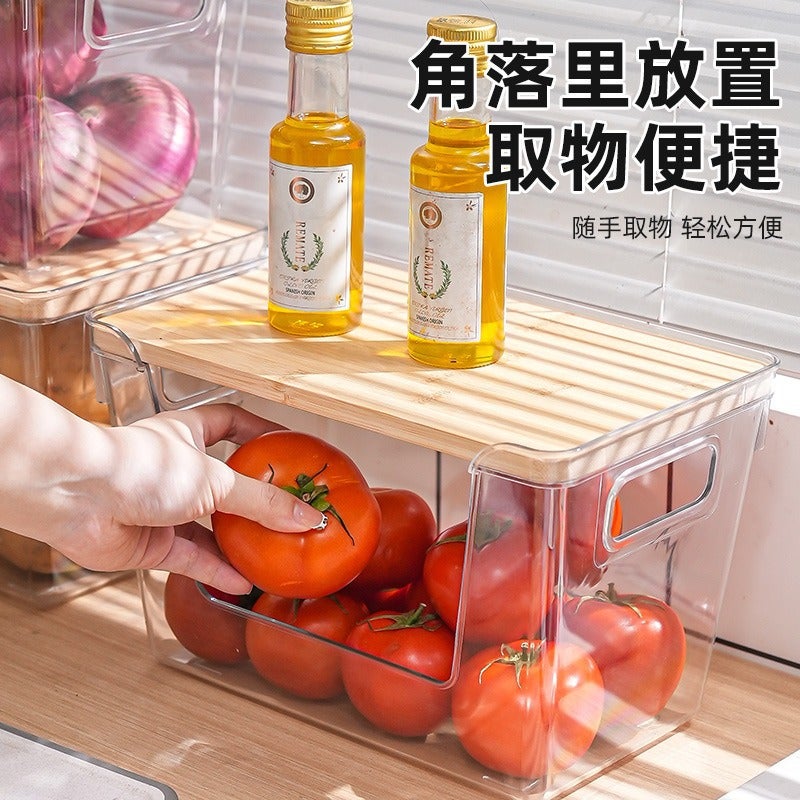 Desktop Storage Box Refrigerator Rectangular Transparent Small Sundries Seasoning Wooden Cover Plastic Kitchen With Lid Large Capacity - Image 5