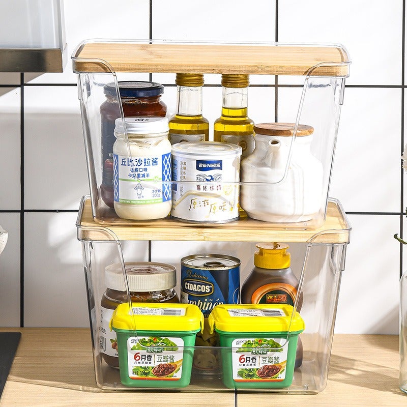 Desktop Storage Box Refrigerator Rectangular Transparent Small Sundries Seasoning Wooden Cover Plastic Kitchen With Lid Large Capacity - Image 1