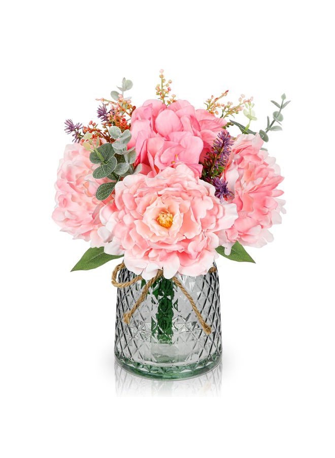 Briful Faux Flower Arrangements Artificial Peony Hydrangea Silk Flowers with Vase Realistic Fake Potted Flower Bouquet for Home Décor Floral Centerpieces for Tables Offices Weddings and Parties (Pink) - Image 1