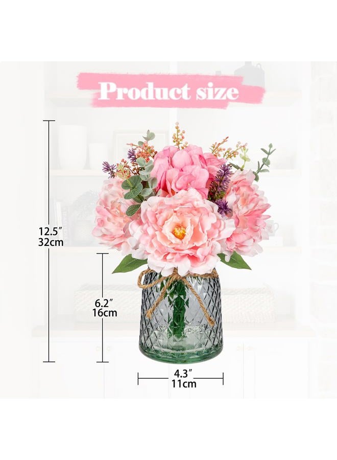 Briful Faux Flower Arrangements Artificial Peony Hydrangea Silk Flowers with Vase Realistic Fake Potted Flower Bouquet for Home Décor Floral Centerpieces for Tables Offices Weddings and Parties (Pink) - Image 2