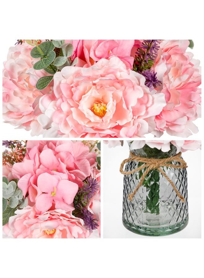 Briful Faux Flower Arrangements Artificial Peony Hydrangea Silk Flowers with Vase Realistic Fake Potted Flower Bouquet for Home Décor Floral Centerpieces for Tables Offices Weddings and Parties (Pink) - Image 3