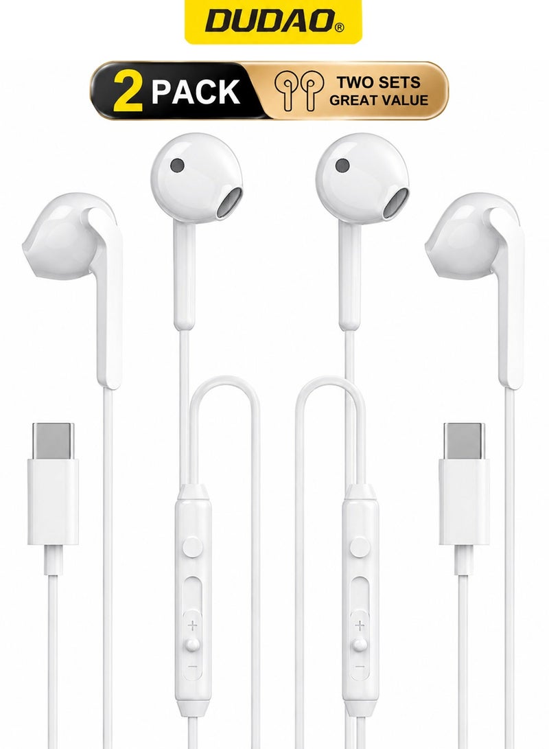 DUDAO 2-Pack Wired Earbuds with Microphone & Volume Control, In-Ear Headphones for iPhone 15/16 Series, Stereo Wired Earbuds for iPhone 15 Pro Max, iPad Pro/Air, Samsung (White) - Image 1