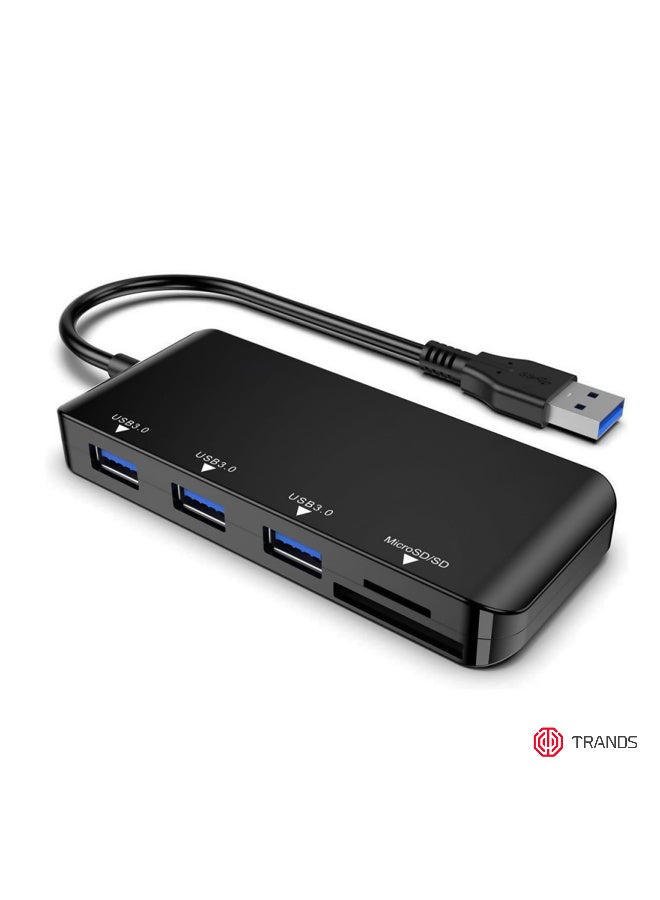 Trands 5-in-1 USB 3.0 Hub & Card Reader - 3 USB Ports, 5Gbps Data Transfer, Plug & Play, Black - Image 1