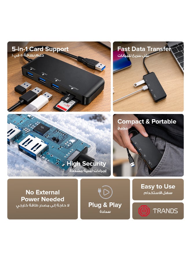 Trands 5-in-1 USB 3.0 Hub & Card Reader - 3 USB Ports, 5Gbps Data Transfer, Plug & Play, Black - Image 2