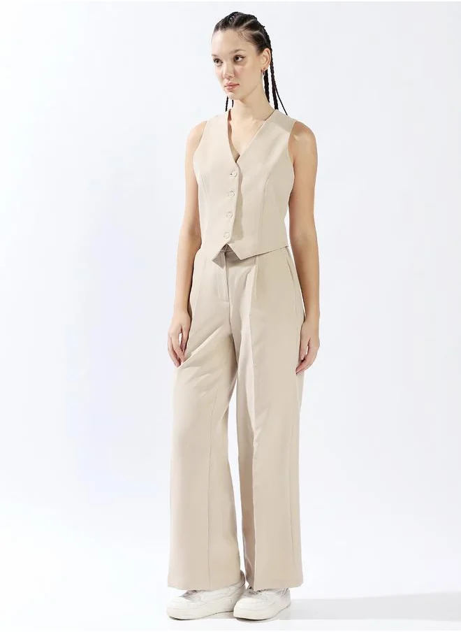 هاي ستار Women Co-Ords, Tailored , Solid, Beige, in 95% polyester 5% spandex, with V-Neck, V-Neck neckline, Sleeveless sleeves, Button closure, Woven weave, High-Rise waist, perfect for Casual. Elevate your look instantly!
