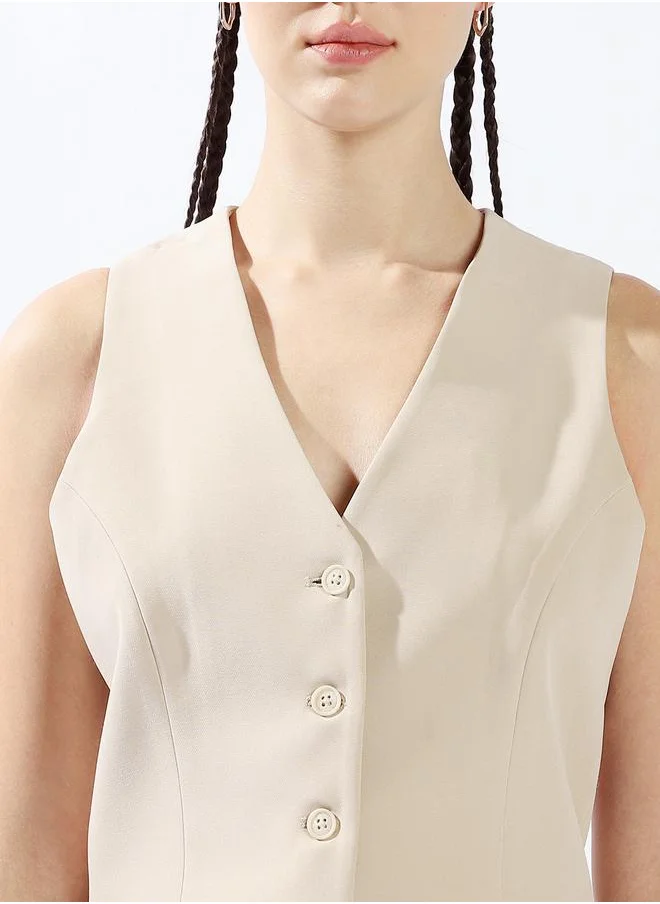 هاي ستار Women Co-Ords, Tailored , Solid, Beige, in 95% polyester 5% spandex, with V-Neck, V-Neck neckline, Sleeveless sleeves, Button closure, Woven weave, High-Rise waist, perfect for Casual. Elevate your look instantly!