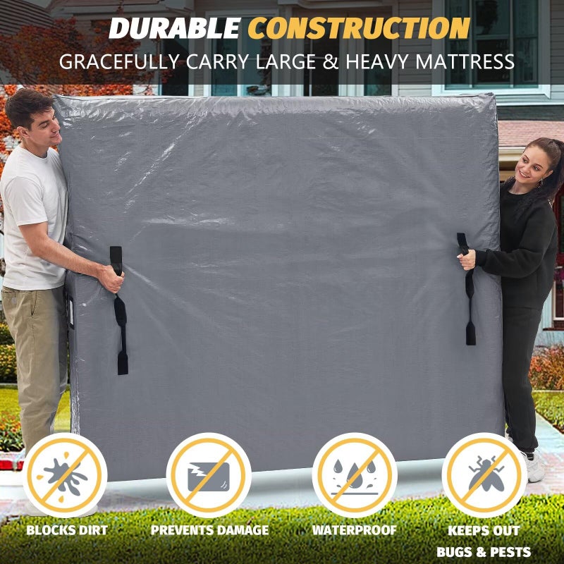 BETU Mattress Bags for Moving and Storage, BETU Waterproof Mattress Protector Twin XL Mattress Cover for College Dorm Essential with 8 Heavy Duty Handles and Zipper Thick Moving Supplies (82x42x13.5 Grey) - Image 3