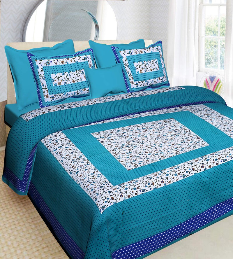 Ealth Kart 151 TC Cotton Comfort Rajasthani Jaipuri Traditional Floral King Size Double Bedsheet with 2 Pillow Covers (Green, Queen) - Image 1