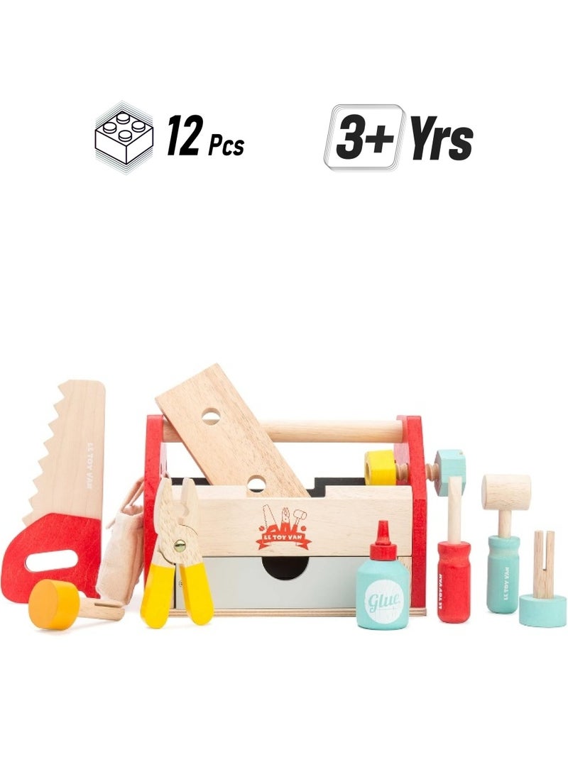 Le Toy Van لي توي فان - مجموعة صندوق أدوات خشبي تعليمي للسيارات والبناء للعب الأدوار | أدوات خشبية للعب التظاهر للأولاد - مناسبة للأطفال من 3 سنوات وما فوق، مجموعة صندوق أدوات مكونة من 12 قطعة - Image 1