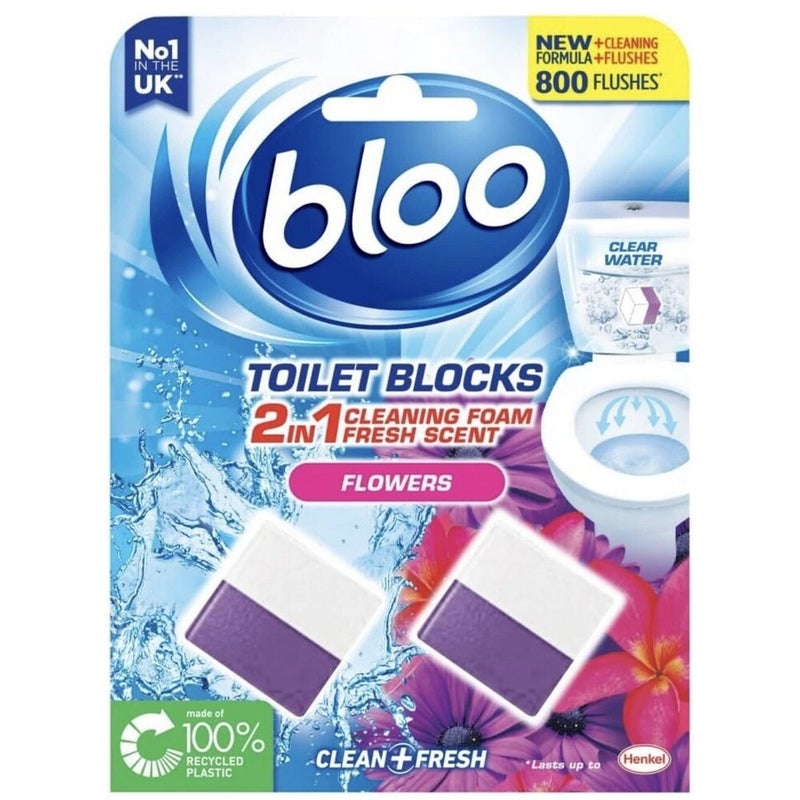 Bloo 2 x 50g Toilet Cistern Cube Flowers In-Tank Toilet Cleaner Blocks, Continuous Cleaning, Fresh Floral Fragrance, Prevents Limescale & Stains, Long Lasting Hygienic Toilet Freshener - Image 1