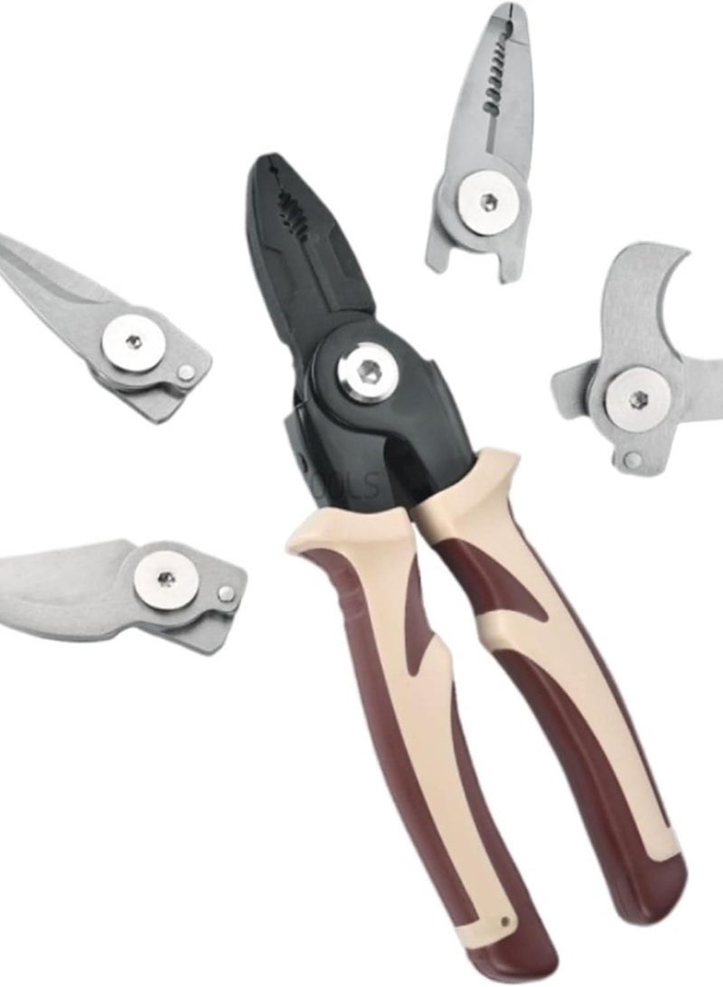 GGOOT 5 in 1 Cutting Stripping Pliers Wire Pressing Electricians Multifunctional Hardware Interchangeable Head Pliers Hand Tools (Color : Beige) - Image 2
