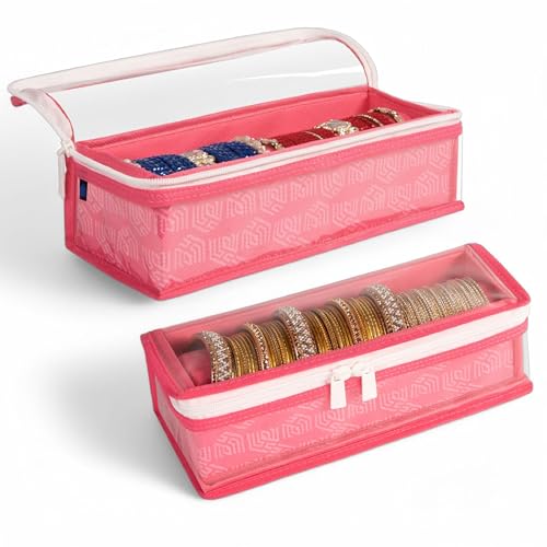 HomeStrap Non-Woven Single Rod Bangle Box with Transparent Top | Waterproof, Dustproof Organizer for Bangles, Chudis, Bracelets, Watches & Jewellery | Compact Storage Organizer | Pink | Pack of 2 - Image 1