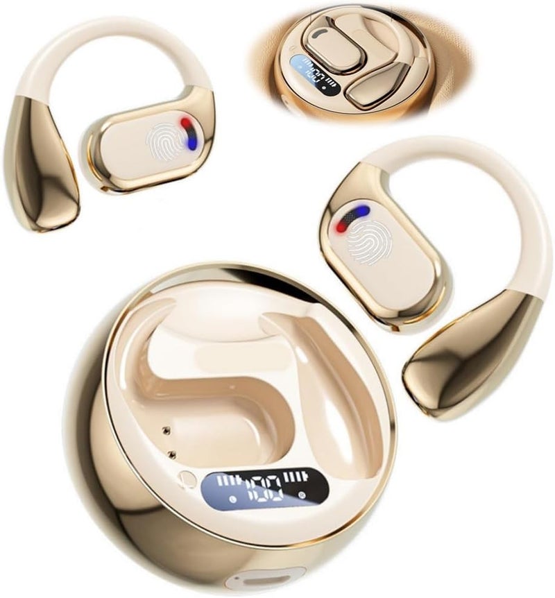 Bluetooth Open Ear, Gaming Headphones HIFI IPX5 Waterproof Noise Cancelling Wireless Bluetooth Earbuds with Mic and Flexible Earhooks for Android/iOS 72 Hours (Beige) - Image 1