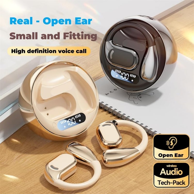 Bluetooth Open Ear, Gaming Headphones HIFI IPX5 Waterproof Noise Cancelling Wireless Bluetooth Earbuds with Mic and Flexible Earhooks for Android/iOS 72 Hours (Beige) - Image 5