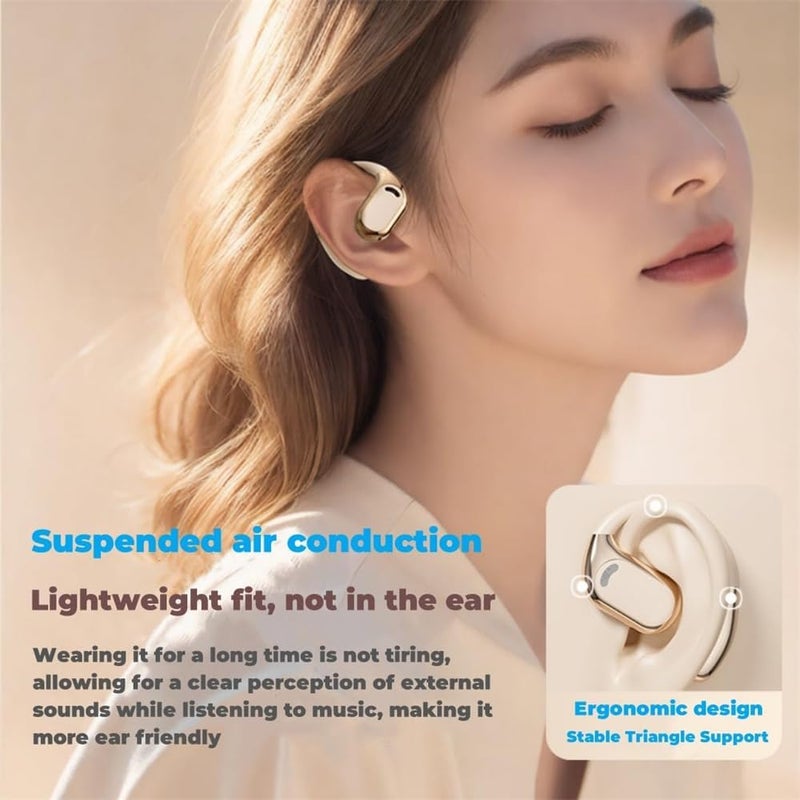 Bluetooth Open Ear, Gaming Headphones HIFI IPX5 Waterproof Noise Cancelling Wireless Bluetooth Earbuds with Mic and Flexible Earhooks for Android/iOS 72 Hours (Beige) - Image 2