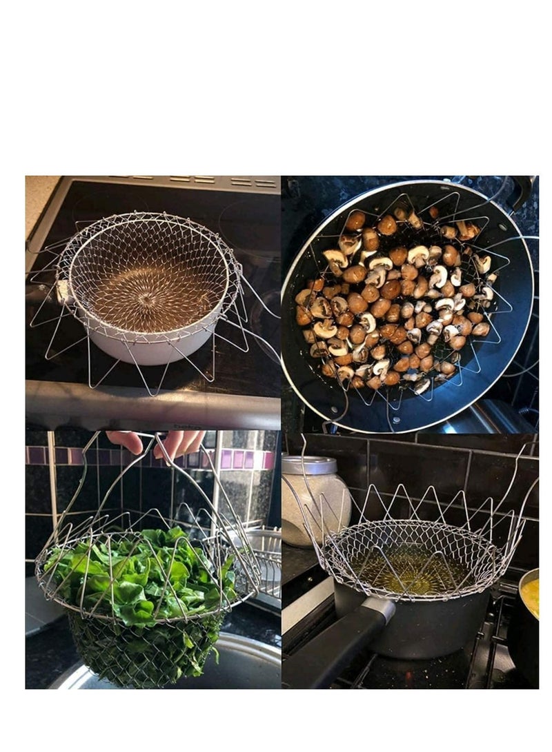 Foldable Stainless Steel Deep Fry Basket Multifunction Steam Rinse Strain Strainer Net Telescopic Folding for Fried Food or Fruits Kitchen Utensil Cooking Gadgets - Image 5