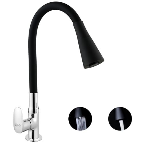 SPAZIO Opal Brass Swan Neck Tap/Sink Faucet with Black 360 Degree Flexible Silicon Swivel Spout & Dual Flow Pattern, Hot/Cold Water for Kitchen Sink, Wash Basin, Chrome Finish Pillar Cock - Image 1