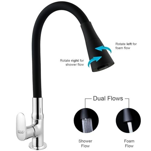 SPAZIO Opal Brass Swan Neck Tap/Sink Faucet with Black 360 Degree Flexible Silicon Swivel Spout & Dual Flow Pattern, Hot/Cold Water for Kitchen Sink, Wash Basin, Chrome Finish Pillar Cock - Image 4