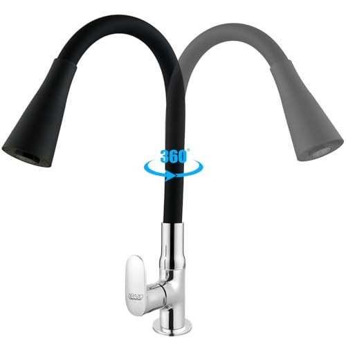 SPAZIO Opal Brass Swan Neck Tap/Sink Faucet with Black 360 Degree Flexible Silicon Swivel Spout & Dual Flow Pattern, Hot/Cold Water for Kitchen Sink, Wash Basin, Chrome Finish Pillar Cock - Image 2