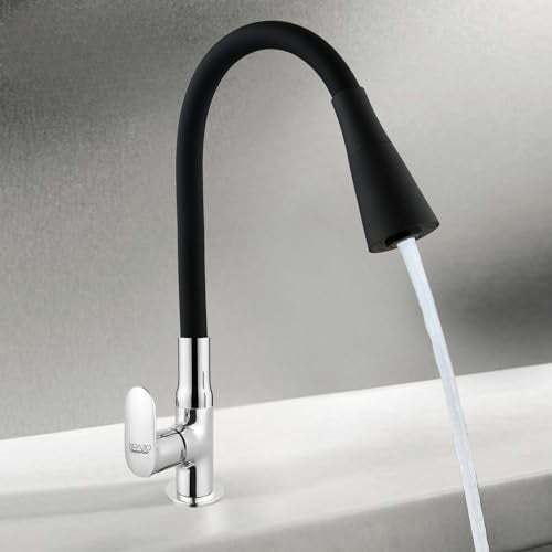 SPAZIO Opal Brass Swan Neck Tap/Sink Faucet with Black 360 Degree Flexible Silicon Swivel Spout & Dual Flow Pattern, Hot/Cold Water for Kitchen Sink, Wash Basin, Chrome Finish Pillar Cock - Image 5