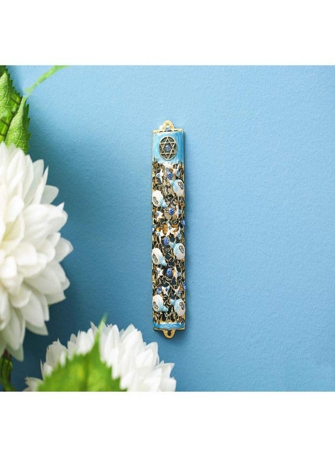 Matashi 6" Hand Painted Enamel Mezuzah Embellished with a Ivy and Flowers Design with Gold Accents Blue Crystals - Image 4