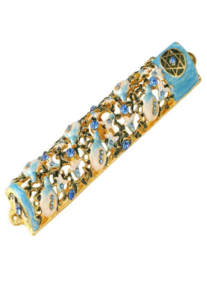 Matashi 6" Hand Painted Enamel Mezuzah Embellished with a Ivy and Flowers Design with Gold Accents Blue Crystals - Image 3