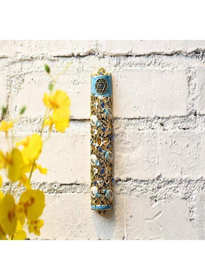Matashi 6" Hand Painted Enamel Mezuzah Embellished with a Ivy and Flowers Design with Gold Accents Blue Crystals - Image 5