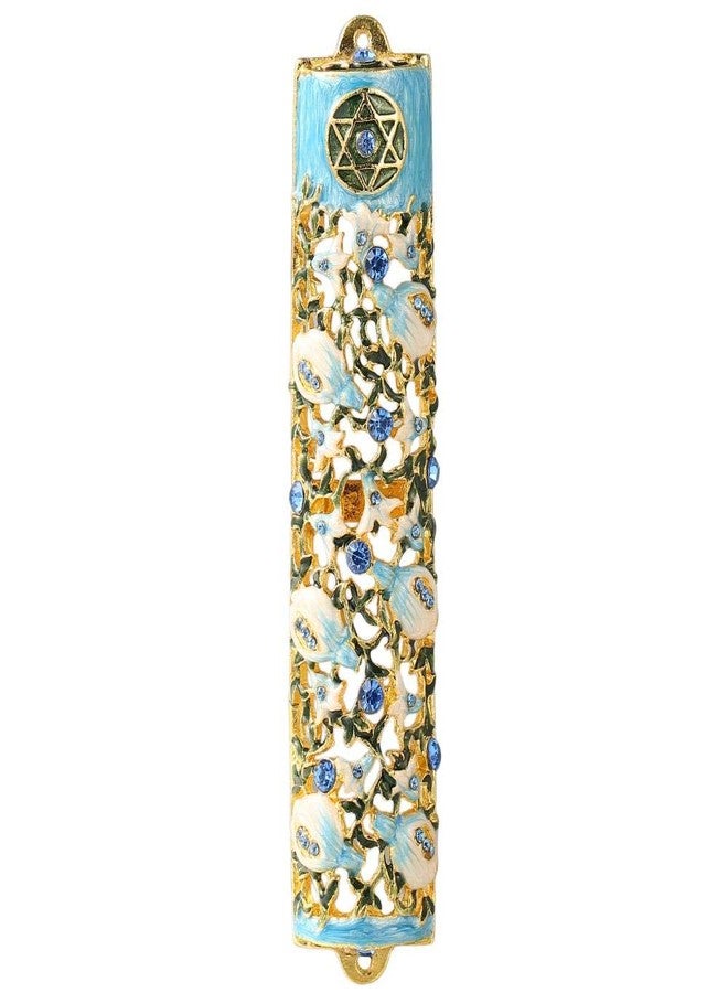 Matashi 6" Hand Painted Enamel Mezuzah Embellished with a Ivy and Flowers Design with Gold Accents Blue Crystals - Image 1
