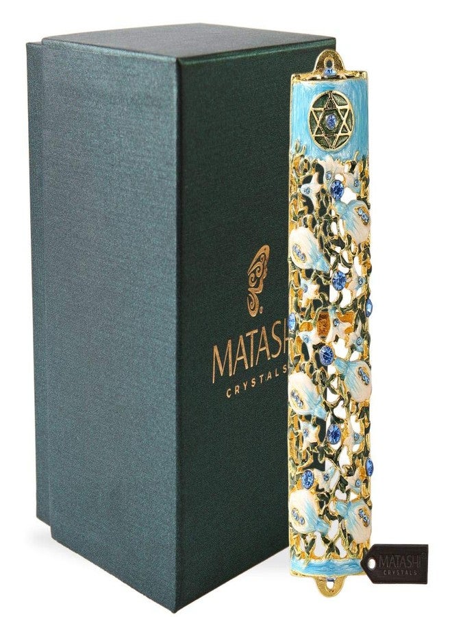Matashi 6" Hand Painted Enamel Mezuzah Embellished with a Ivy and Flowers Design with Gold Accents Blue Crystals - Image 2