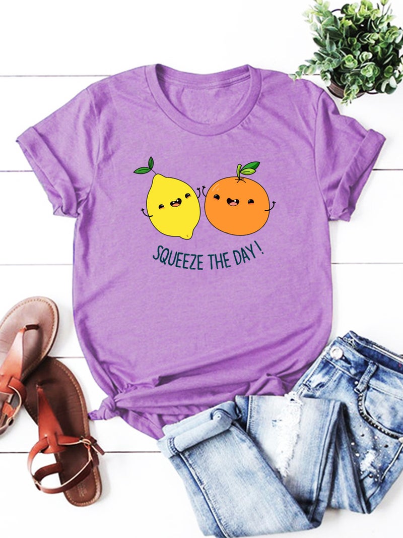 wish independent station fun fruit lemon pattern printed short sleeve t-shirt for women - Image 1
