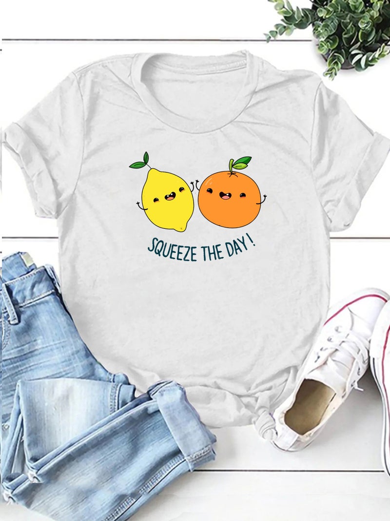 wish independent station fun fruit lemon pattern printed short sleeve t-shirt for women - Image 3