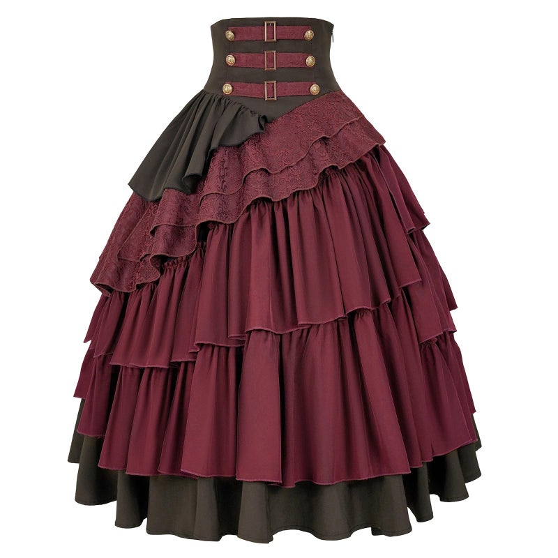 IWQBQ Women's Steampunk Gothic Skirt Pirate High Waisted Layered Ruffle Skirt(Z2886RD,XL) - Image 1