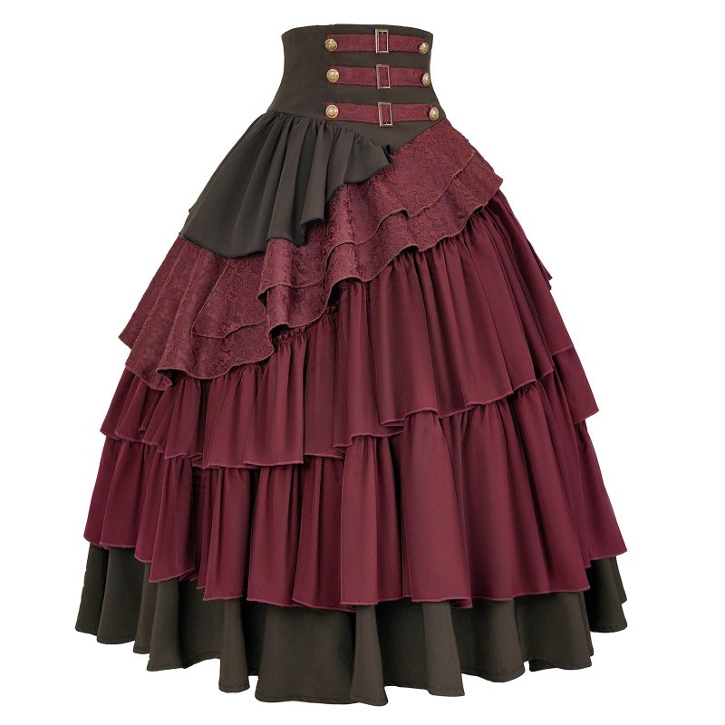 IWQBQ Women's Steampunk Gothic Skirt Pirate High Waisted Layered Ruffle Skirt(Z2886RD,XL) - Image 3