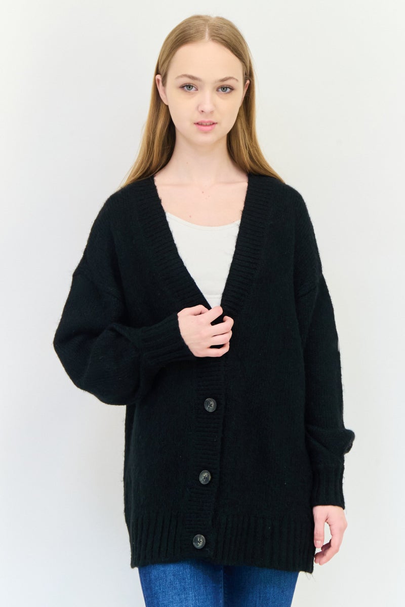 Aerie Women Oversize V-Neck Knitted Cardigan, Black - Image 1