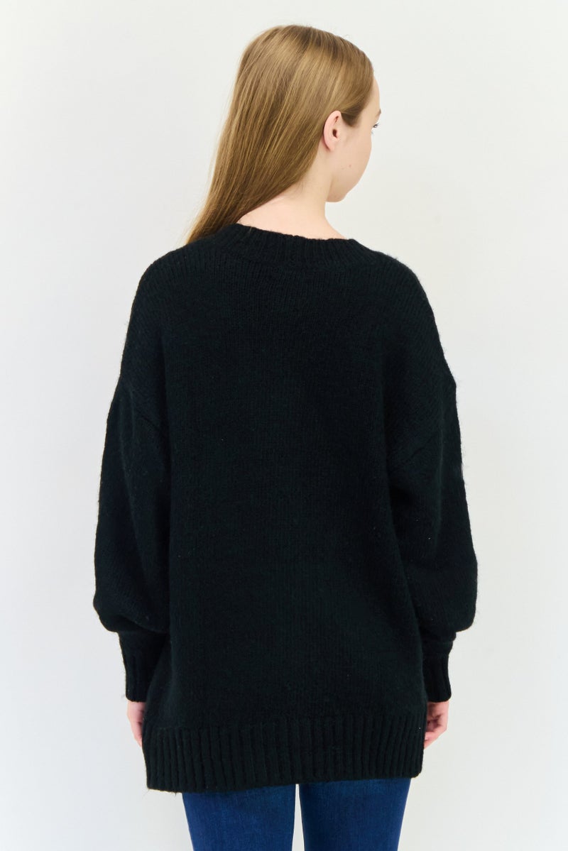 Aerie Women Oversize V-Neck Knitted Cardigan, Black - Image 3