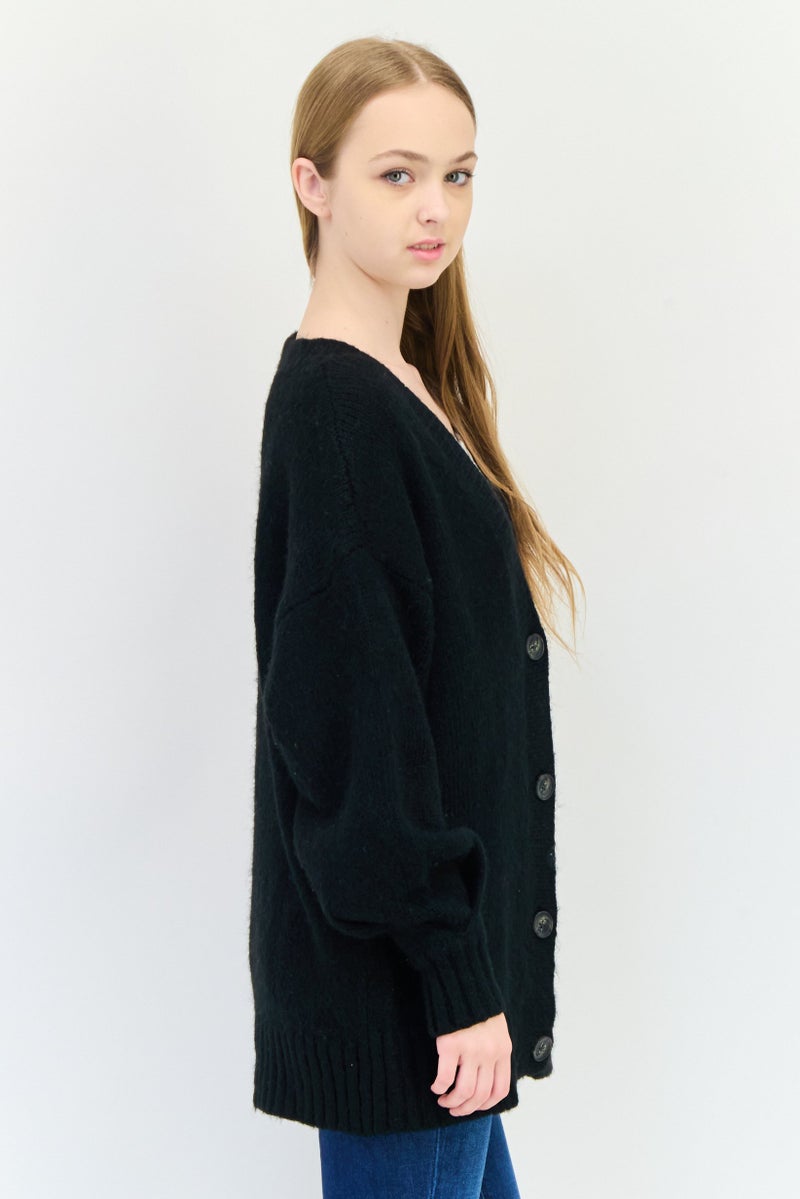 Aerie Women Oversize V-Neck Knitted Cardigan, Black - Image 4