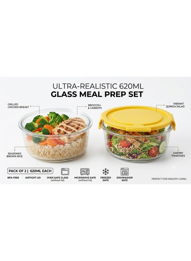 Heat-Resistant Glass Food Storage Container Set with Airtight Locking Lid 620ml 2 Pieces Yellow - Image 4